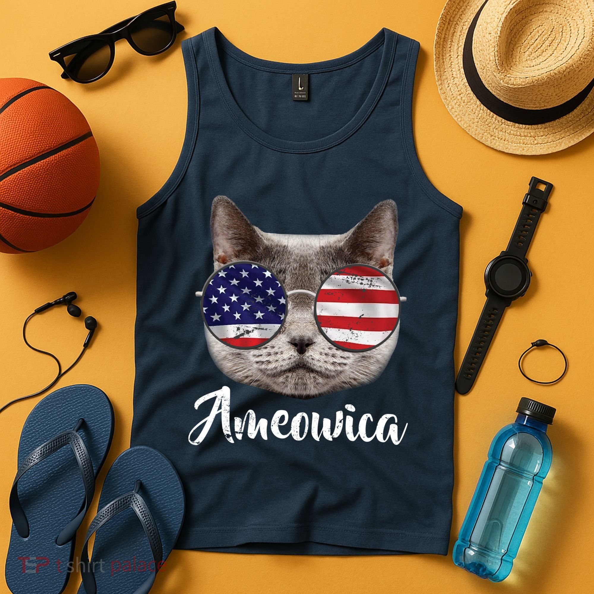 Ameowica America USA Cat Sunglasses Flag Tank Top