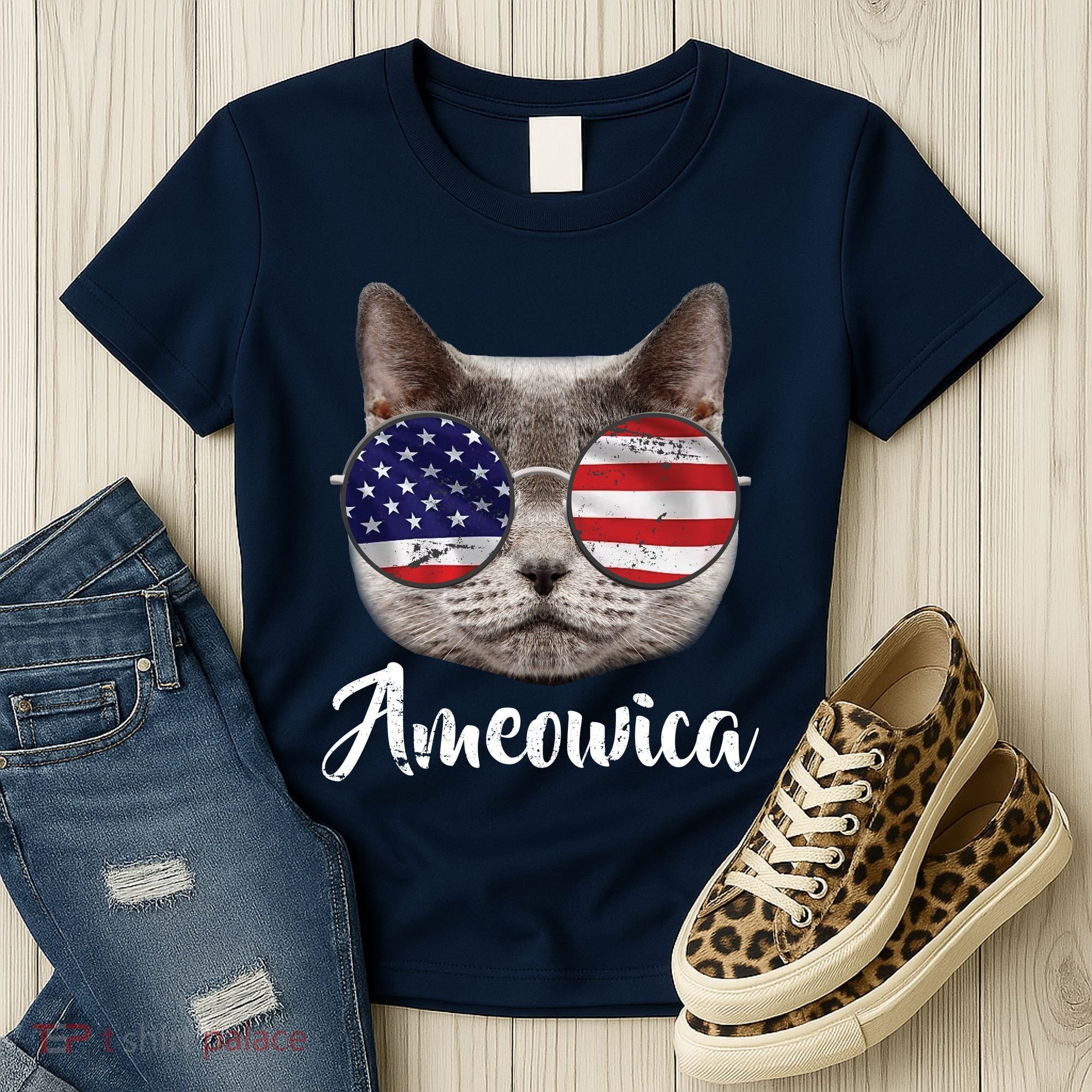 Ameowica America USA Cat Sunglasses Flag Women's T-Shirt