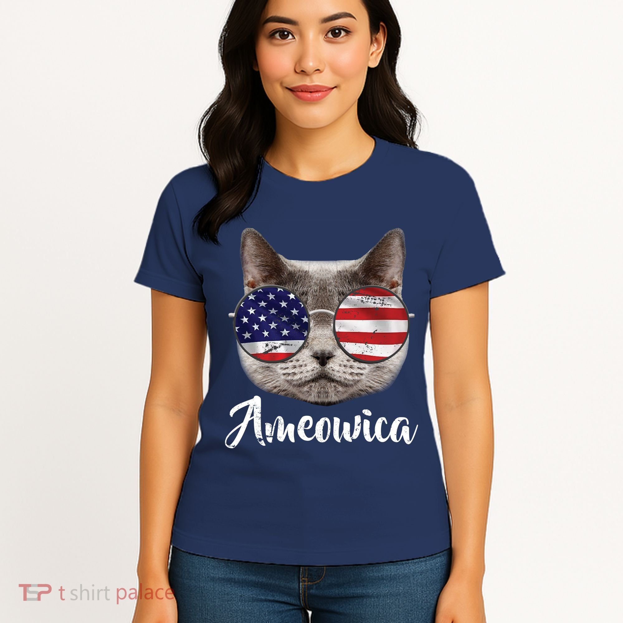 Ameowica America USA Cat Sunglasses Flag Women's T-Shirt