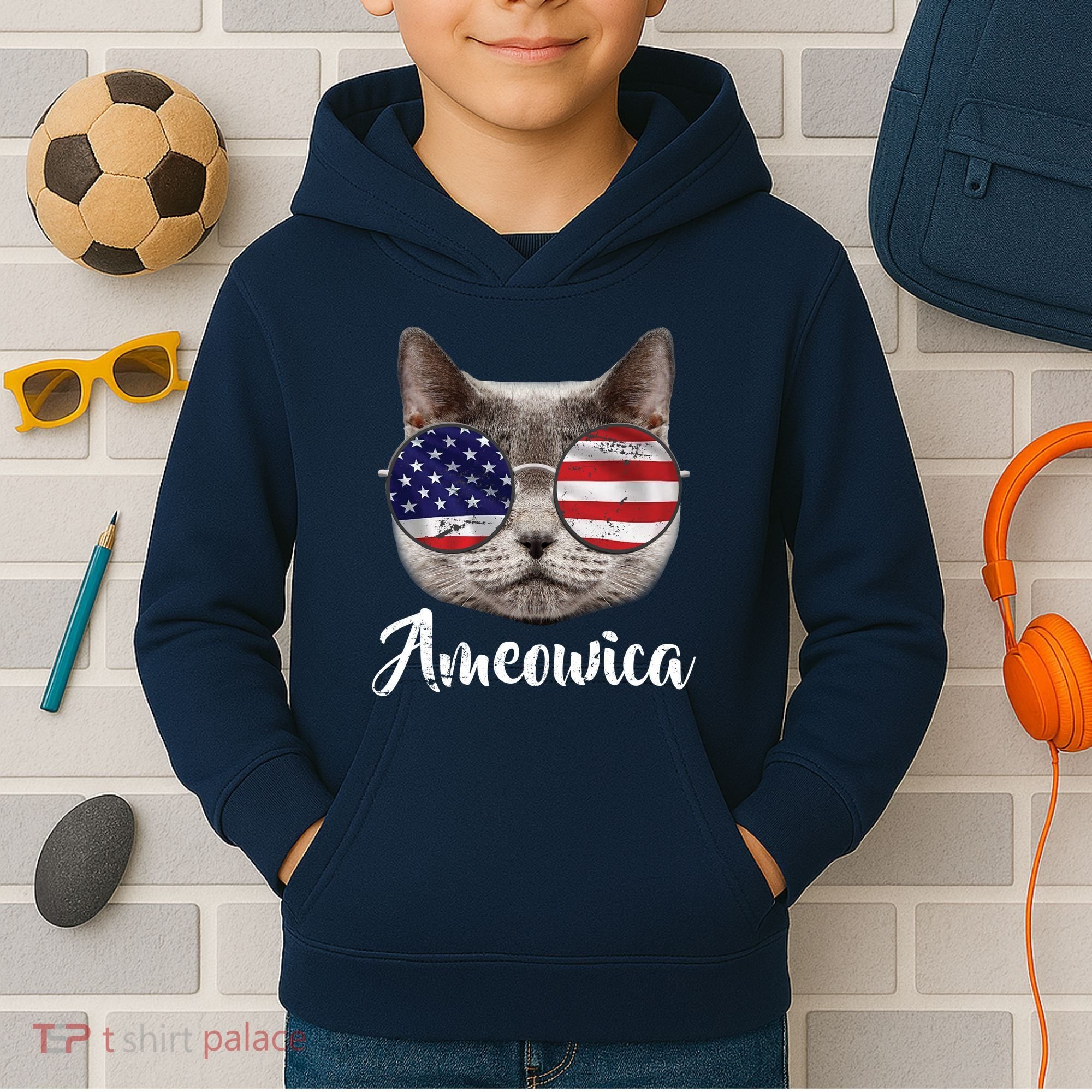 Ameowica America USA Cat Sunglasses Flag Kids Hoodie