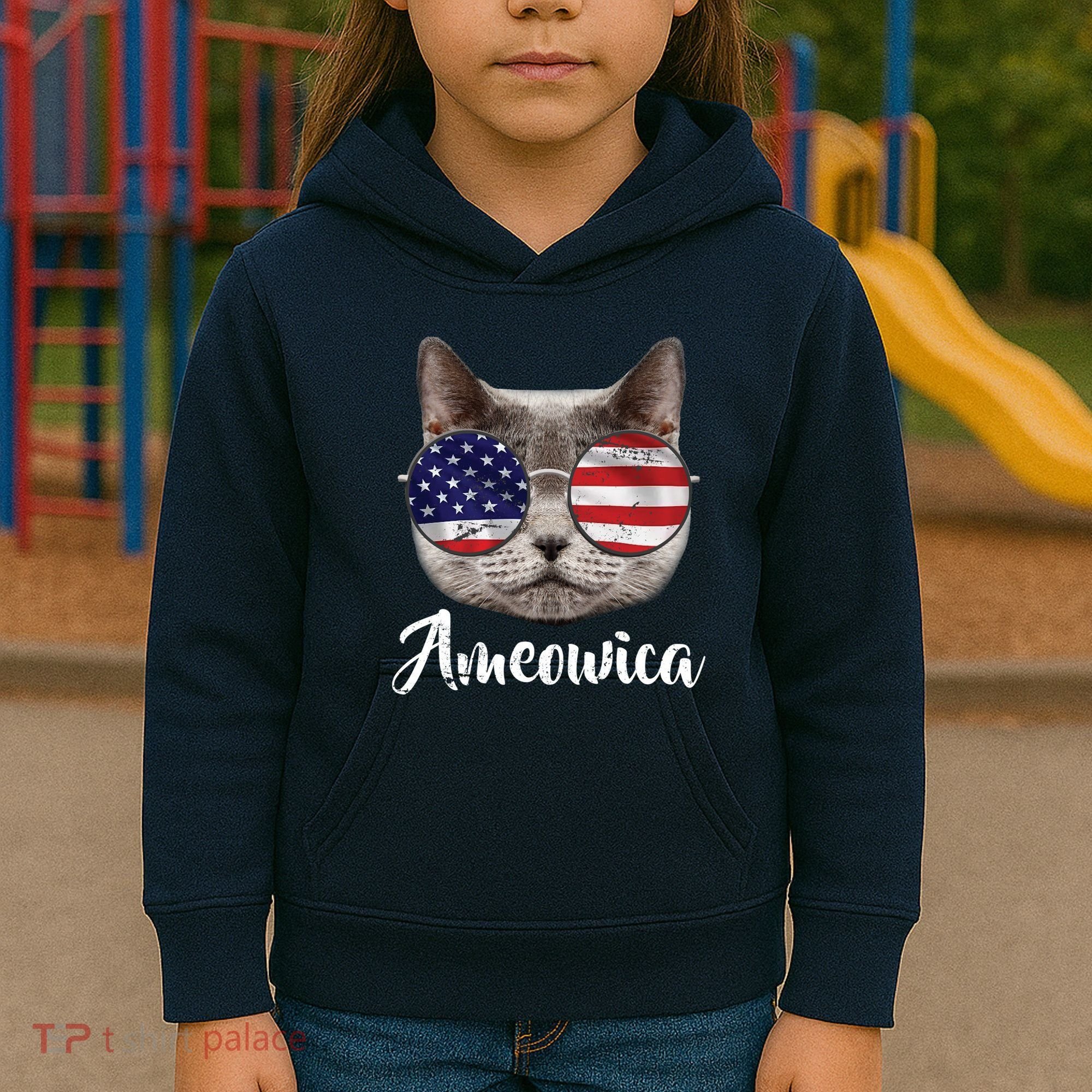 Ameowica America USA Cat Sunglasses Flag Kids Hoodie