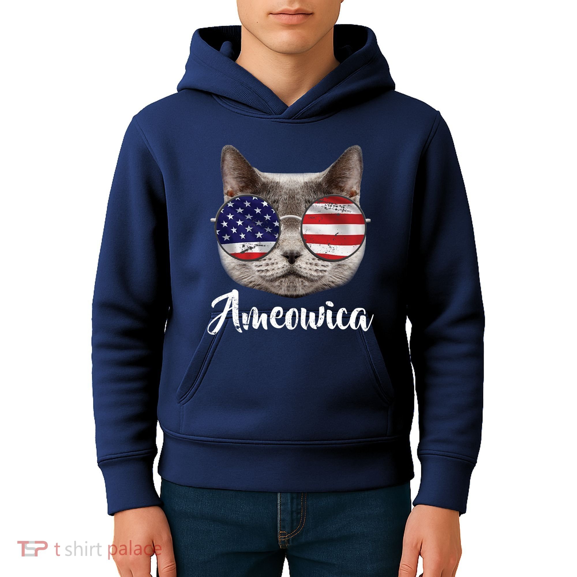 Ameowica America USA Cat Sunglasses Flag Kids Hoodie