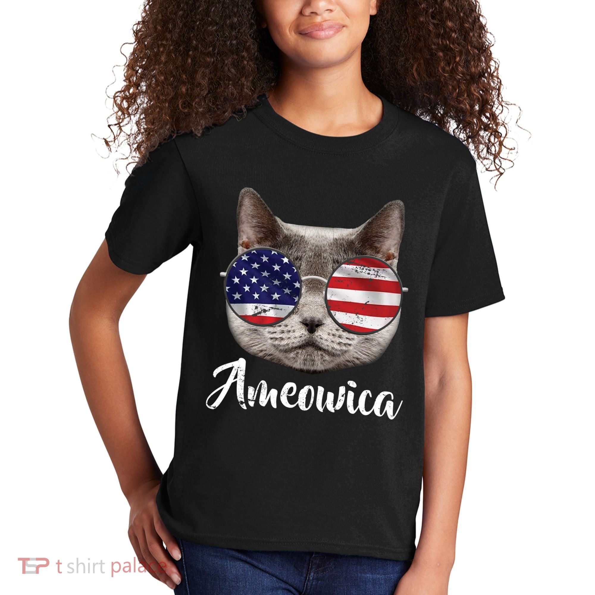Ameowica America USA Cat Sunglasses Flag Kids T-Shirt