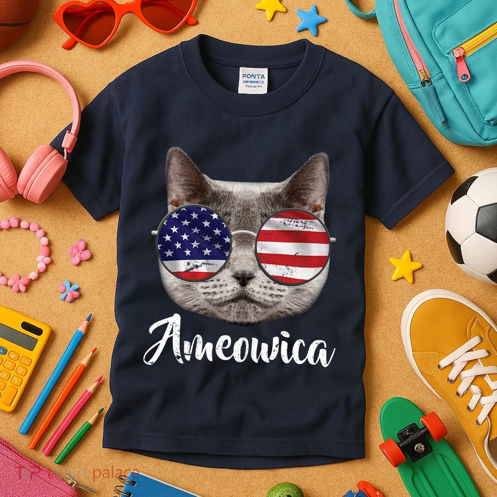 Ameowica America USA Cat Sunglasses Flag Kids T-Shirt