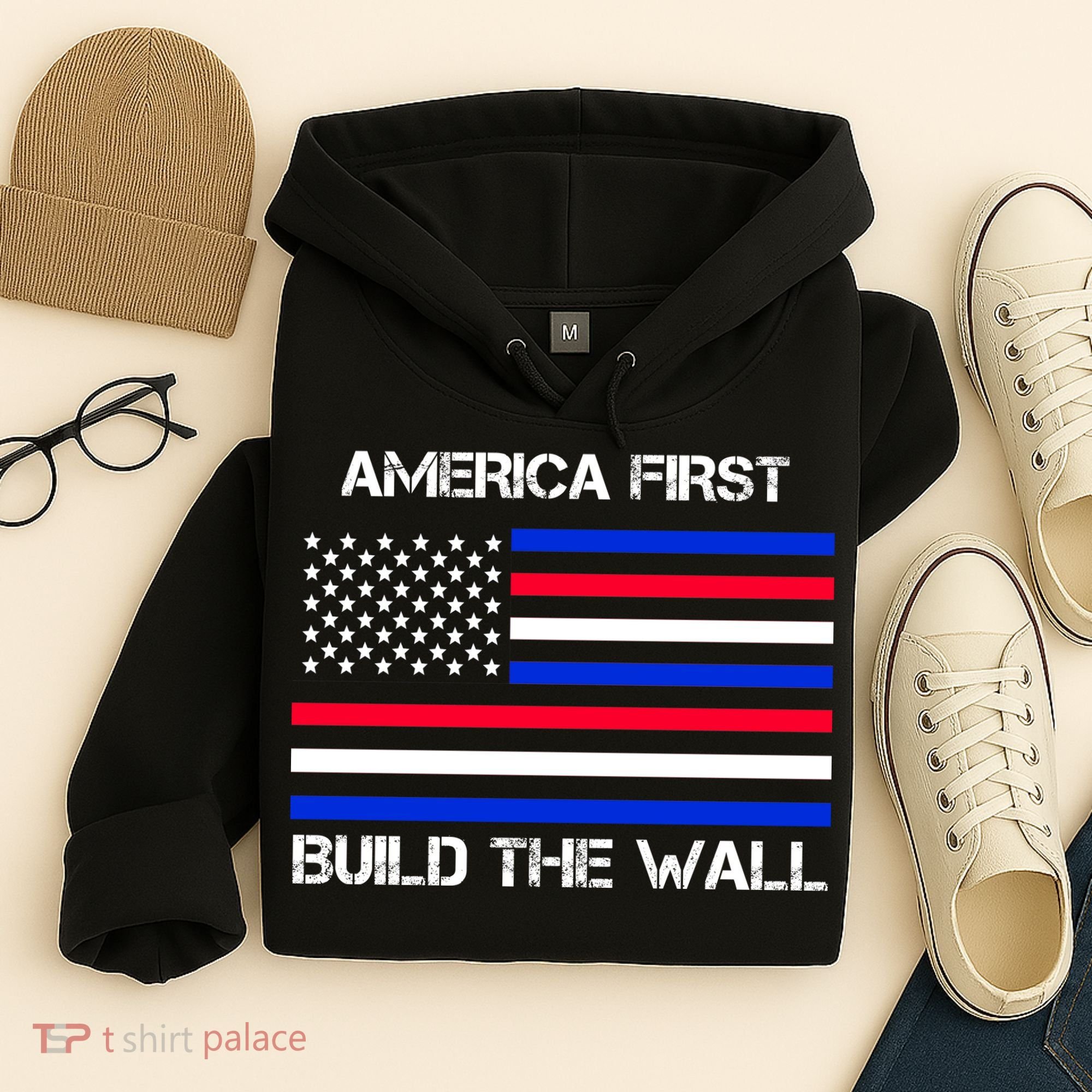America First Build The Wall Flag Hoodie