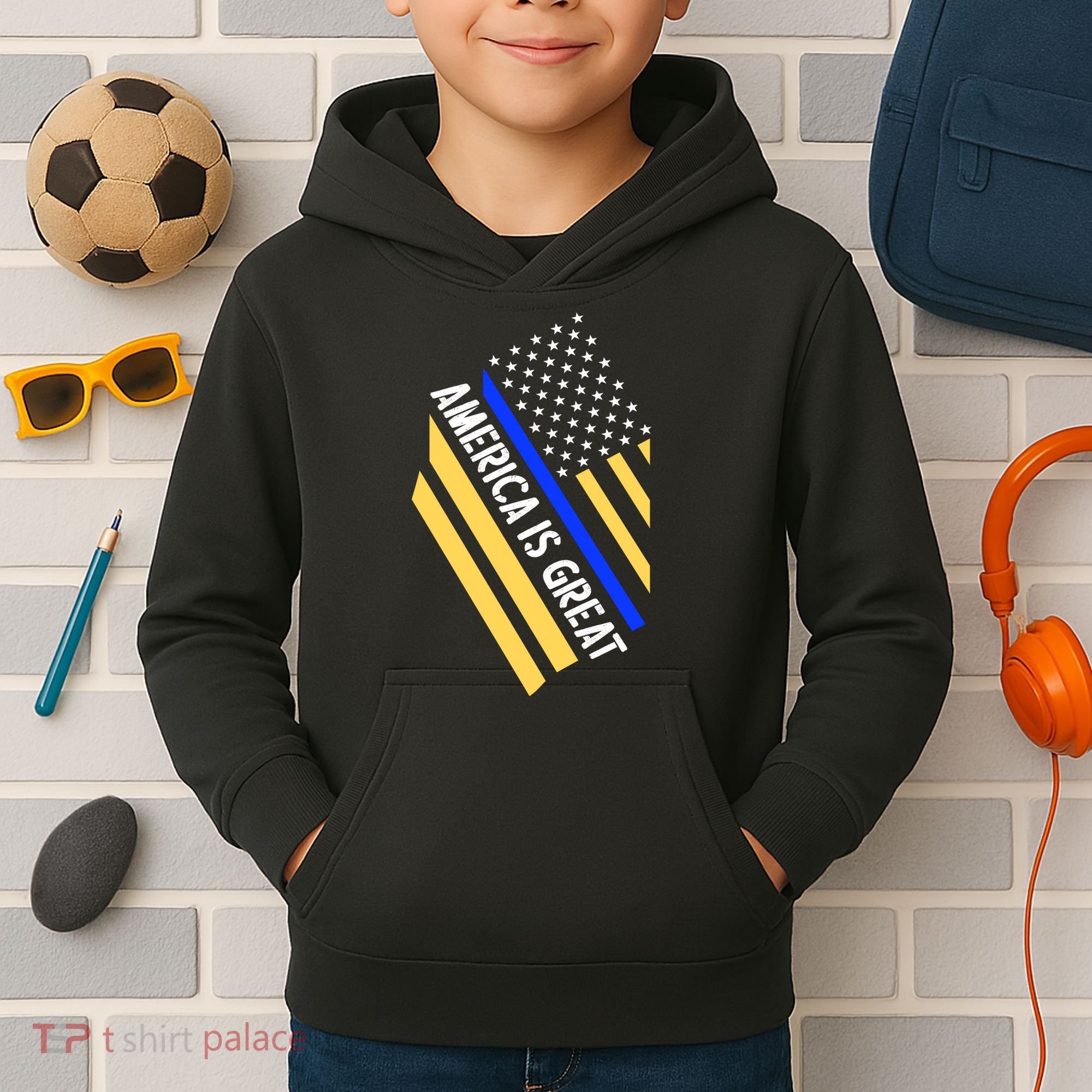 America Is Great Thin Blue Line Flag Kids Hoodie