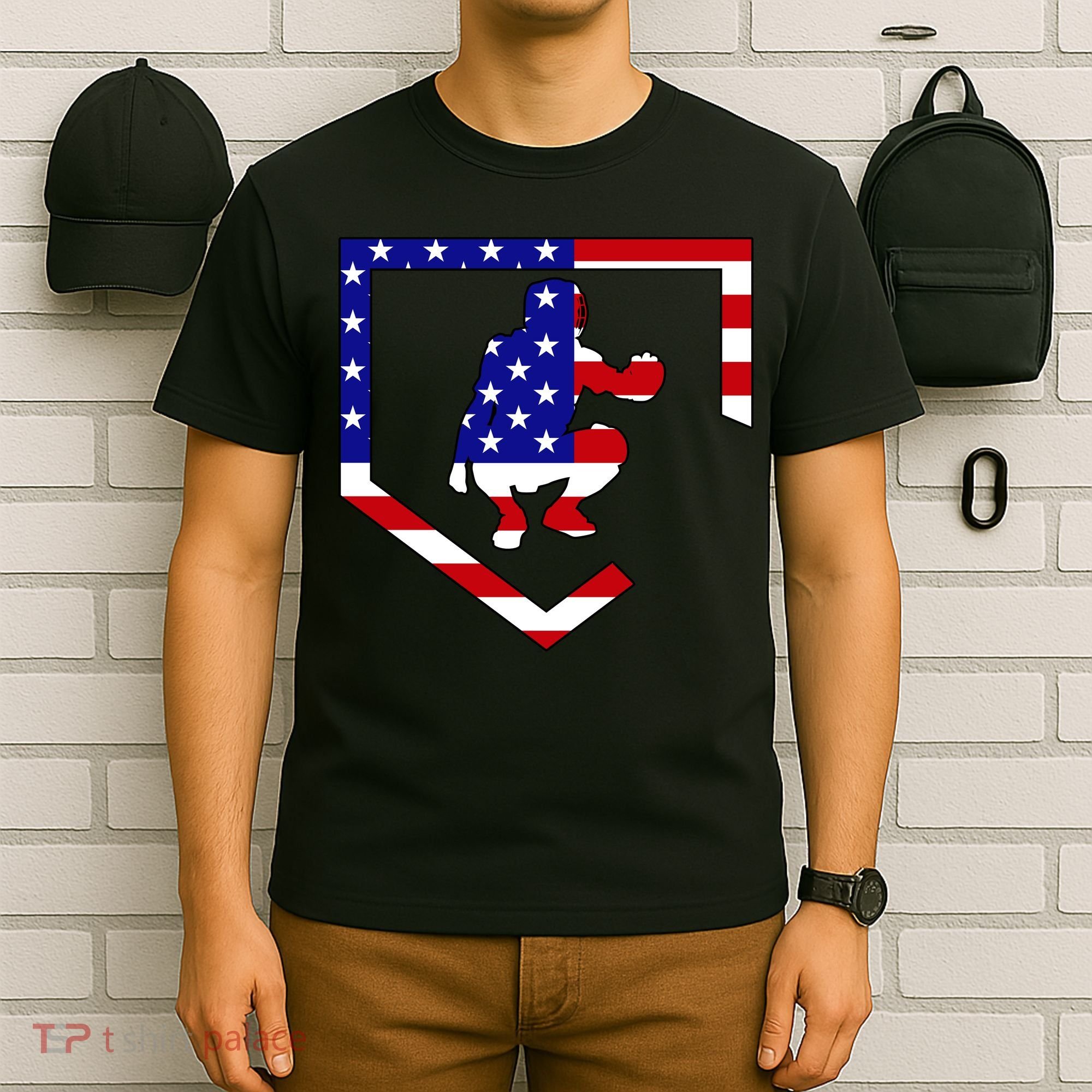 American Baseball Catcher Flag T-Shirt