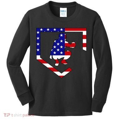 American Baseball Catcher Flag Kids Long Sleeve Shirt