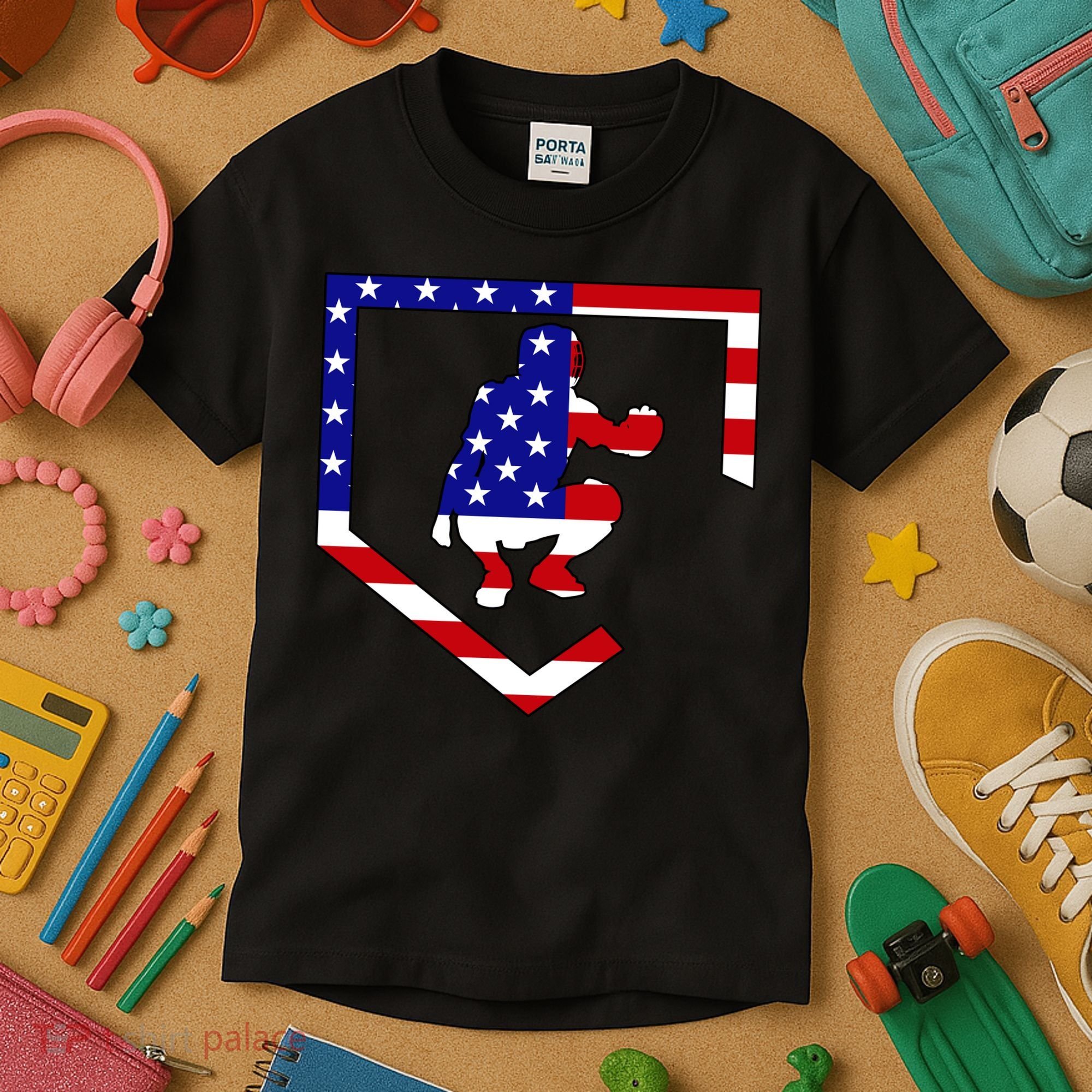 American Baseball Catcher Flag Kids T-Shirt