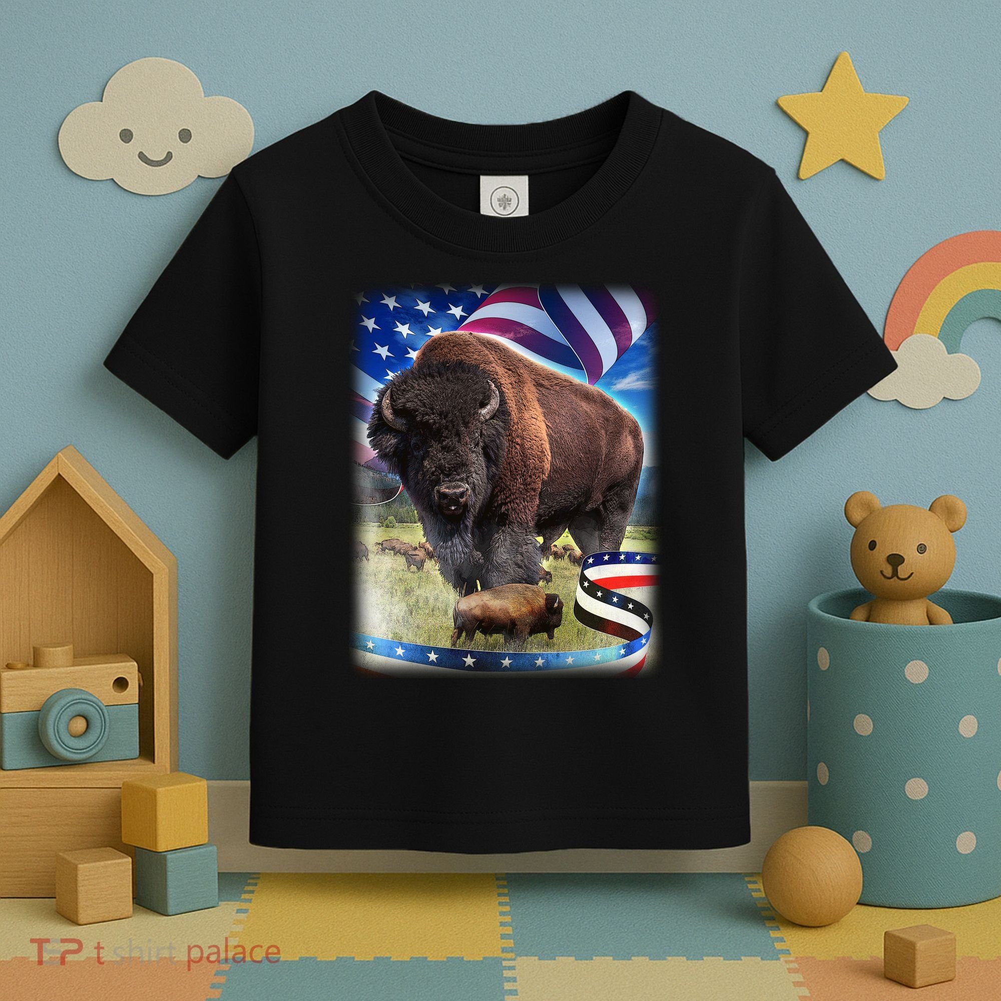 American Bison USA Flag Buffalo Toddler T-Shirt