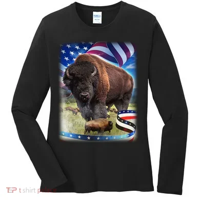 American Bison USA Flag Buffalo Women's Long Sleeve Shirt