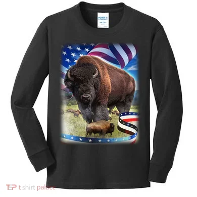 American Bison USA Flag Buffalo Kids Long Sleeve Shirt