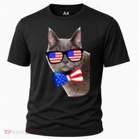American Cat With USA Glasses And Bow Tie Cooling Performance Crew T-Shirt thumb 0