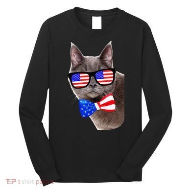 American Cat With USA Glasses And Bow Tie Long Sleeve Shirt