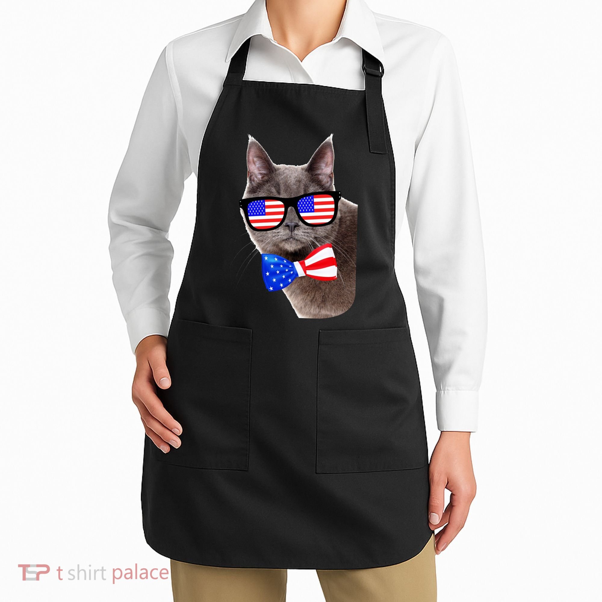 American Cat With USA Glasses And Bow Tie Apron