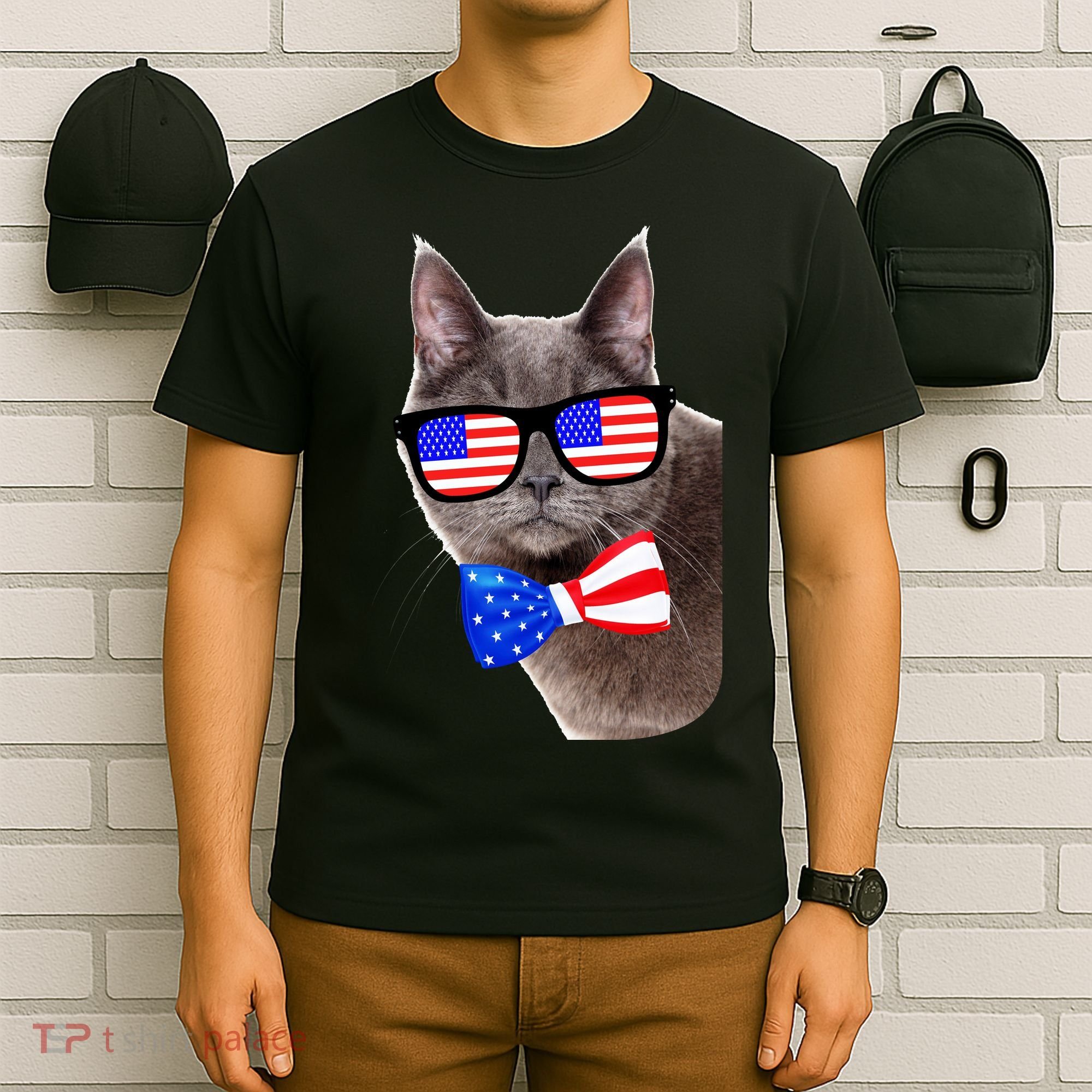 American Cat With USA Glasses And Bow Tie T-Shirt