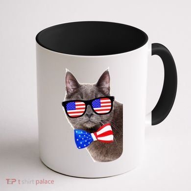 American Cat With USA Glasses And Bow Tie Coffee Mug back