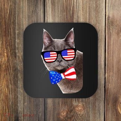 American Cat With USA Glasses And Bow Tie Coaster