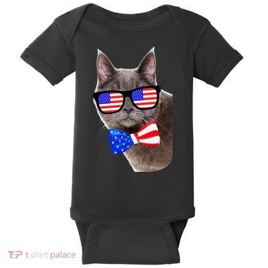American Cat With USA Glasses And Bow Tie Baby Bodysuit
