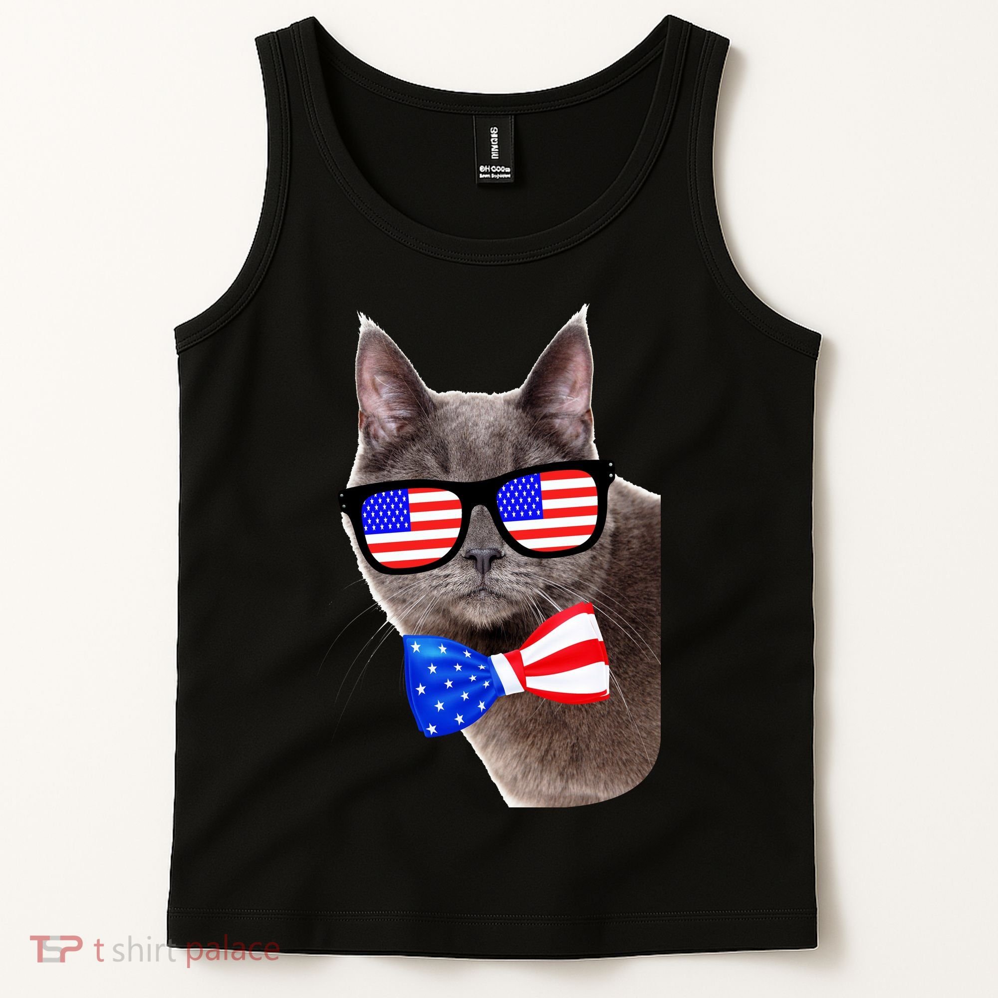 American Cat With USA Glasses And Bow Tie Tank Top