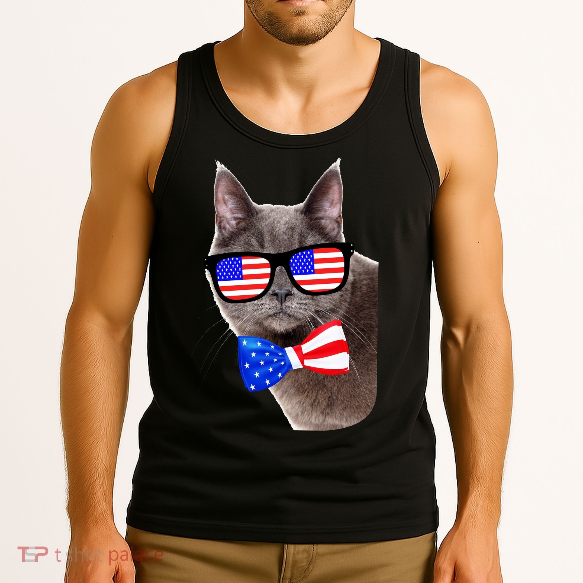 American Cat With USA Glasses And Bow Tie Tank Top