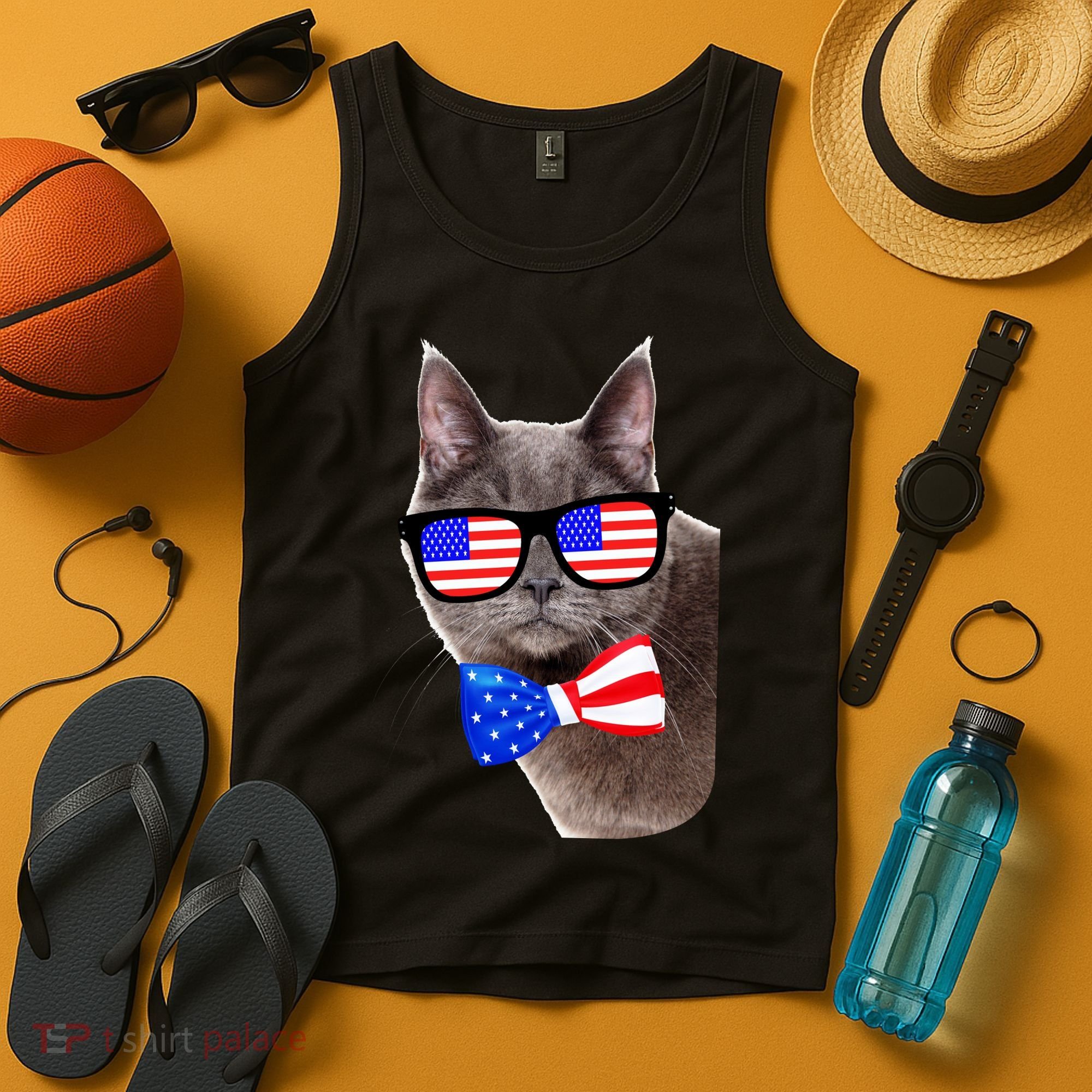 American Cat With USA Glasses And Bow Tie Tank Top