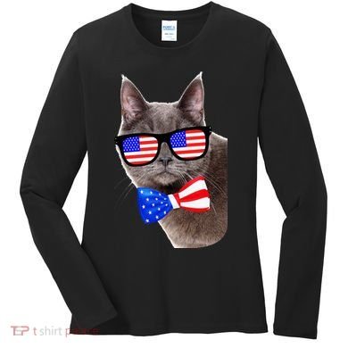 American Cat With USA Glasses And Bow Tie Women's Long Sleeve Shirt