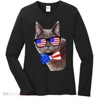 American Cat With USA Glasses And Bow Tie Women's Long Sleeve Shirt thumb 0