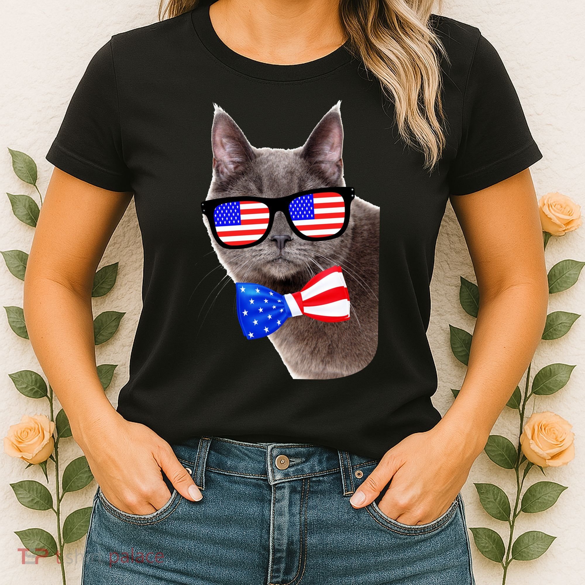 American Cat With USA Glasses And Bow Tie Women's T-Shirt