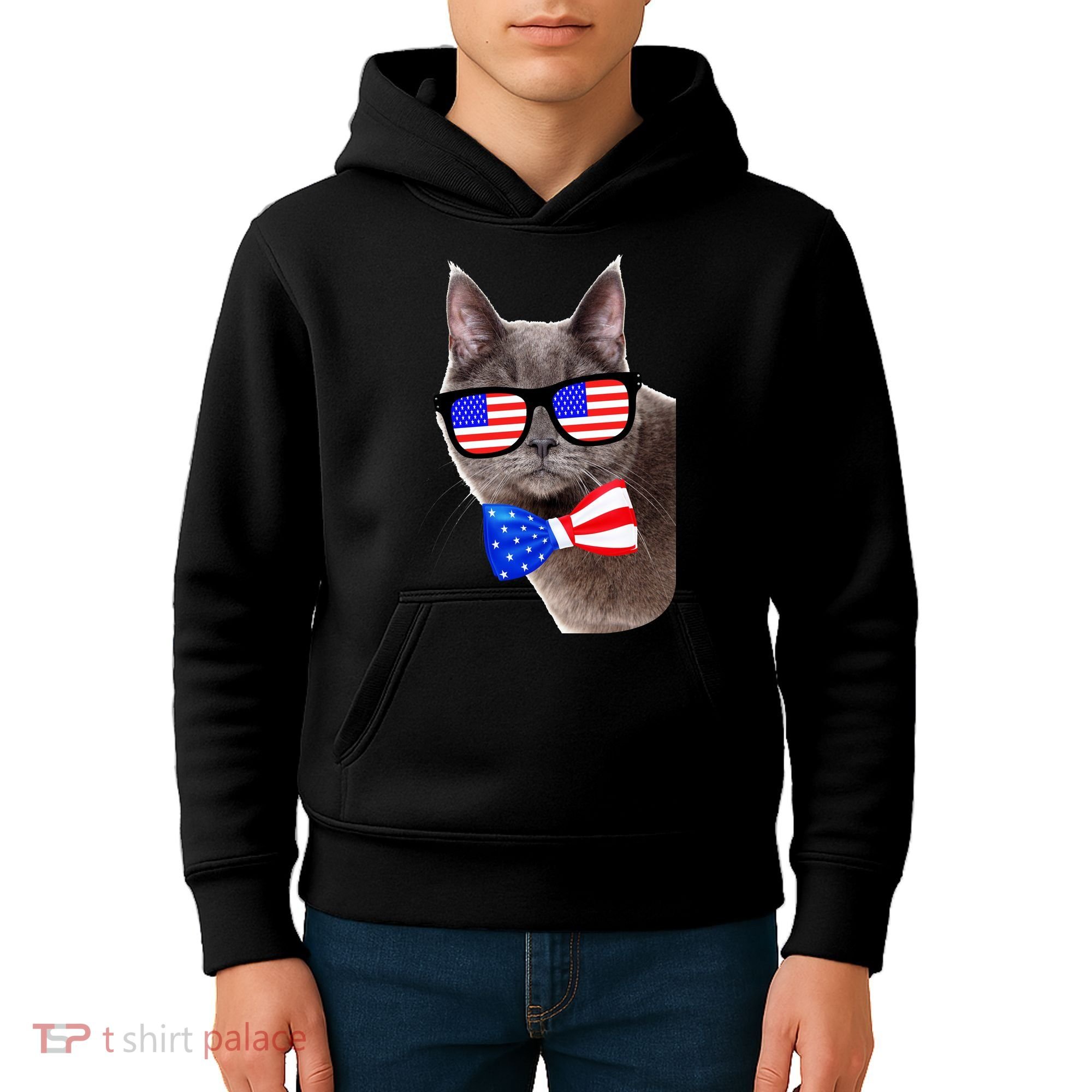 American Cat With USA Glasses And Bow Tie Kids Hoodie