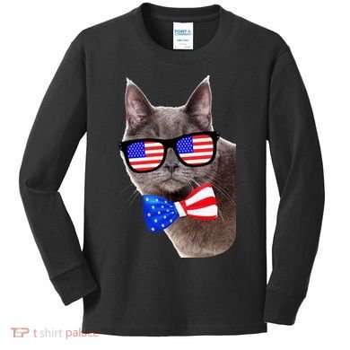 American Cat With USA Glasses And Bow Tie Kids Long Sleeve Shirt
