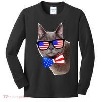 American Cat With USA Glasses And Bow Tie Kids Long Sleeve Shirt thumb 0