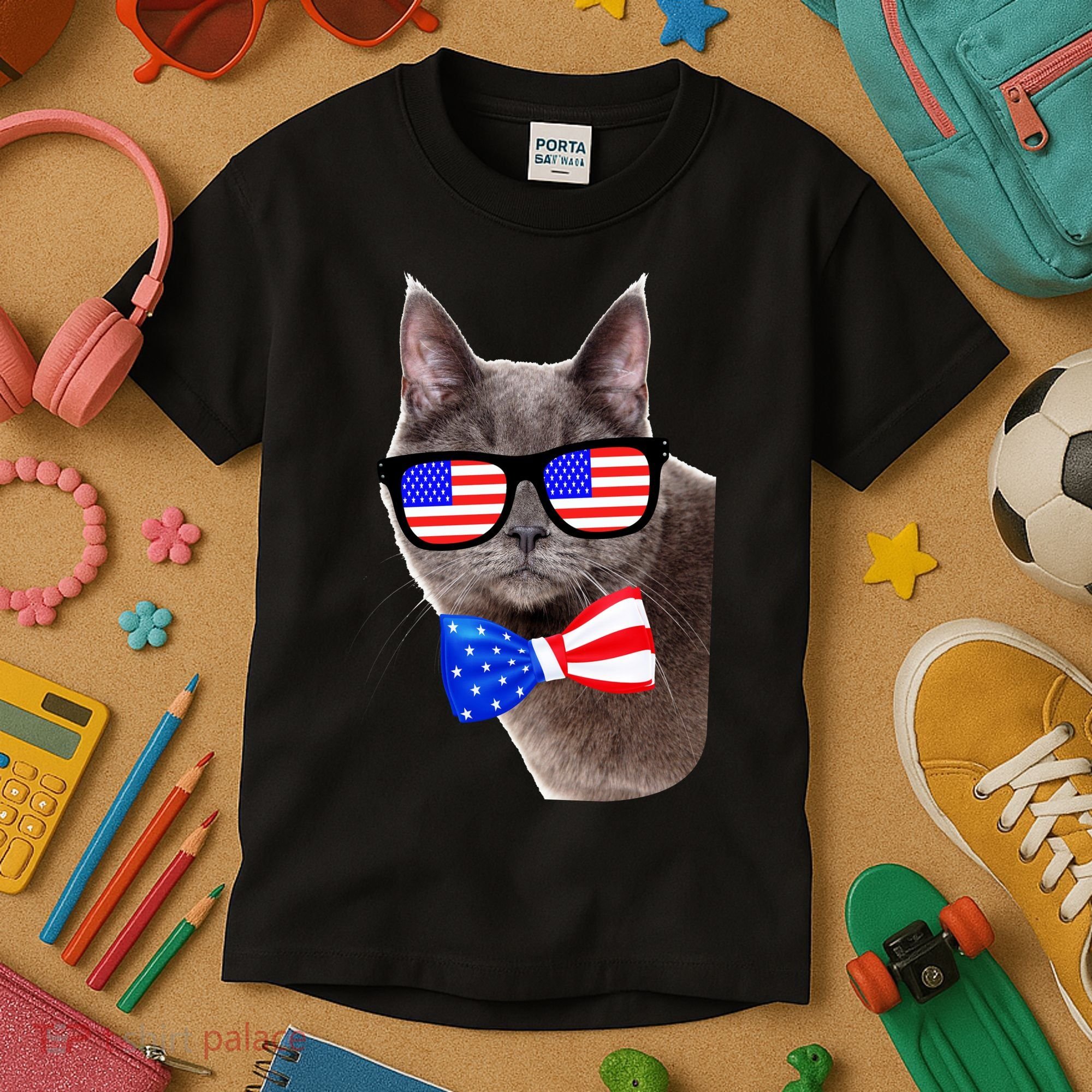 American Cat With USA Glasses And Bow Tie Kids T-Shirt