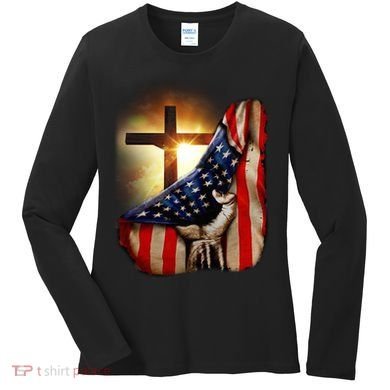 American Christian Cross Patriotic Flag Women's Long Sleeve Shirt