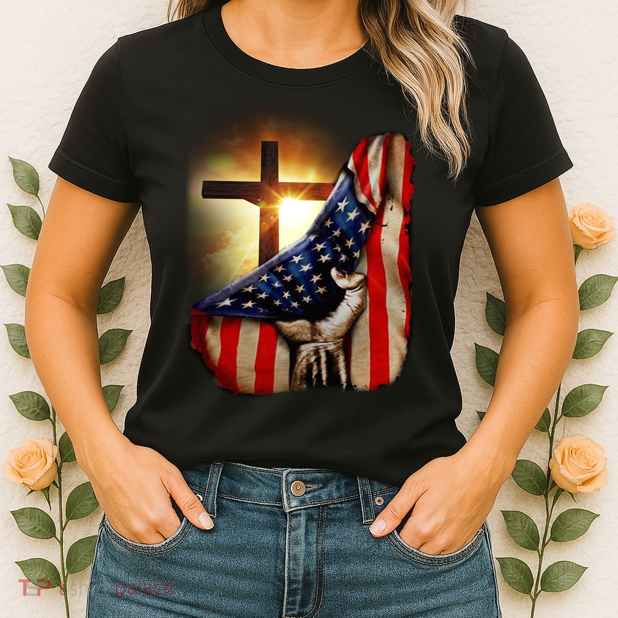 American Christian Cross Patriotic Flag Women's T-Shirt