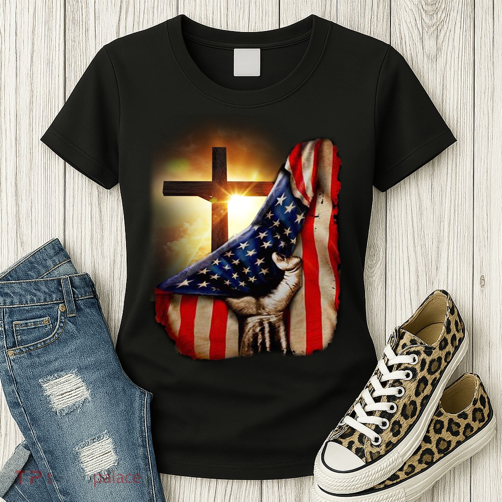 American Christian Cross Patriotic Flag Women's T-Shirt