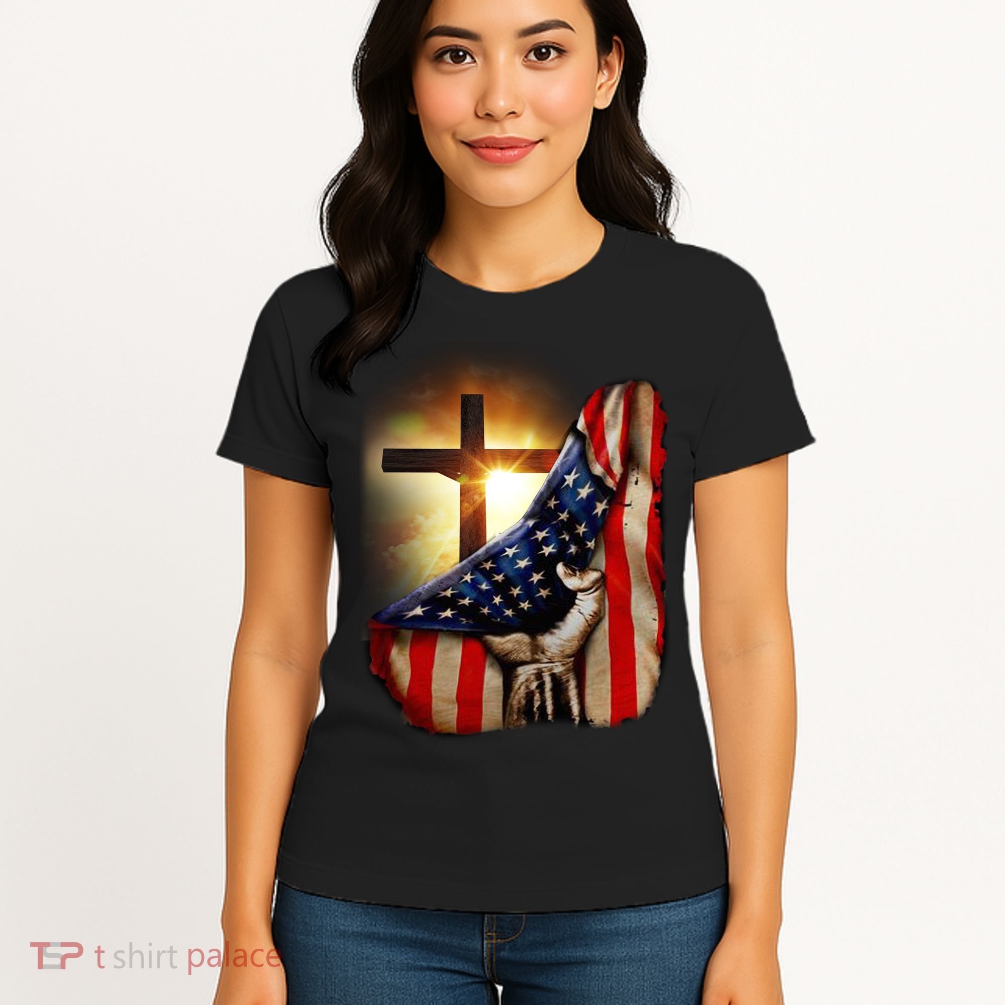 American Christian Cross Patriotic Flag Women's T-Shirt