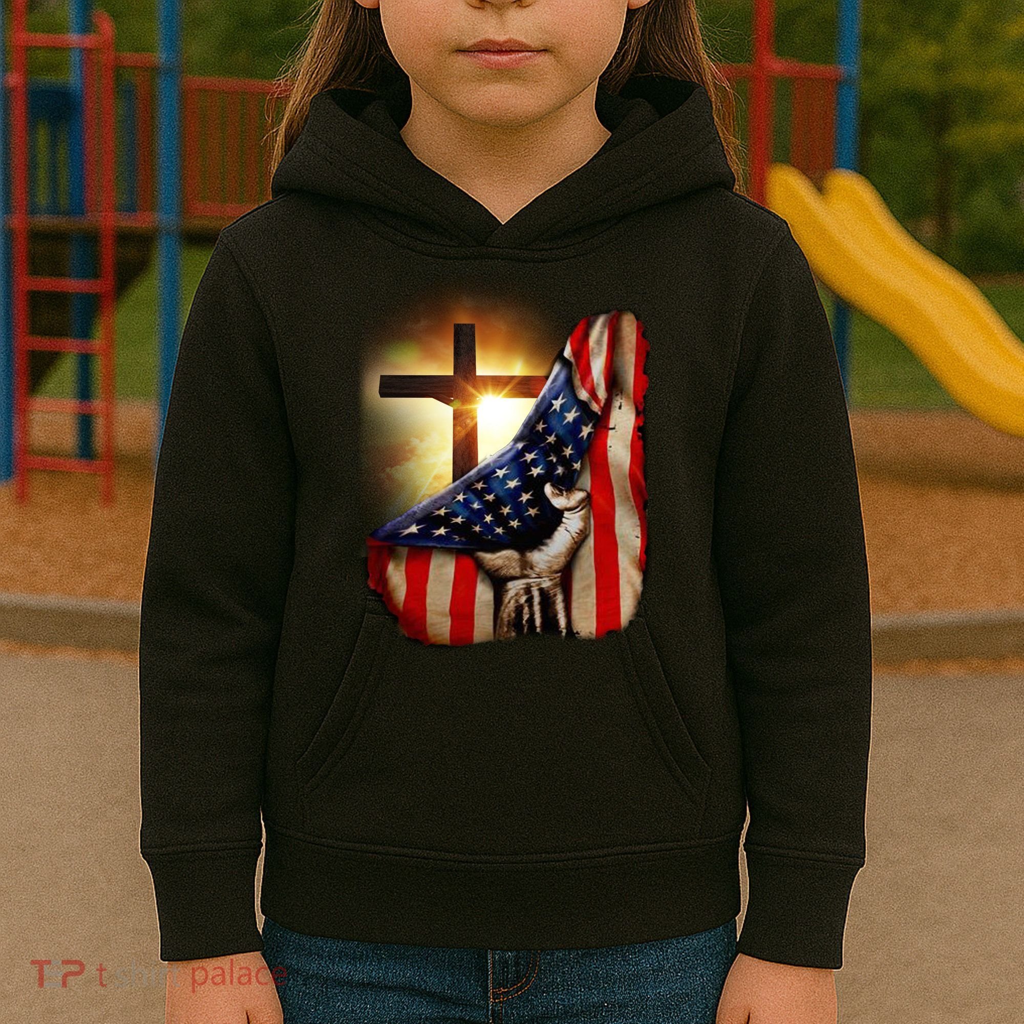 American Christian Cross Patriotic Flag Kids Hoodie