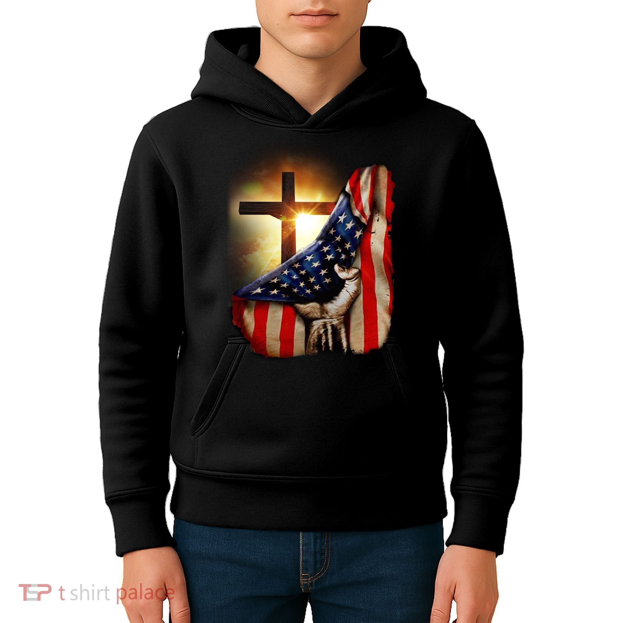 American Christian Cross Patriotic Flag Kids Hoodie