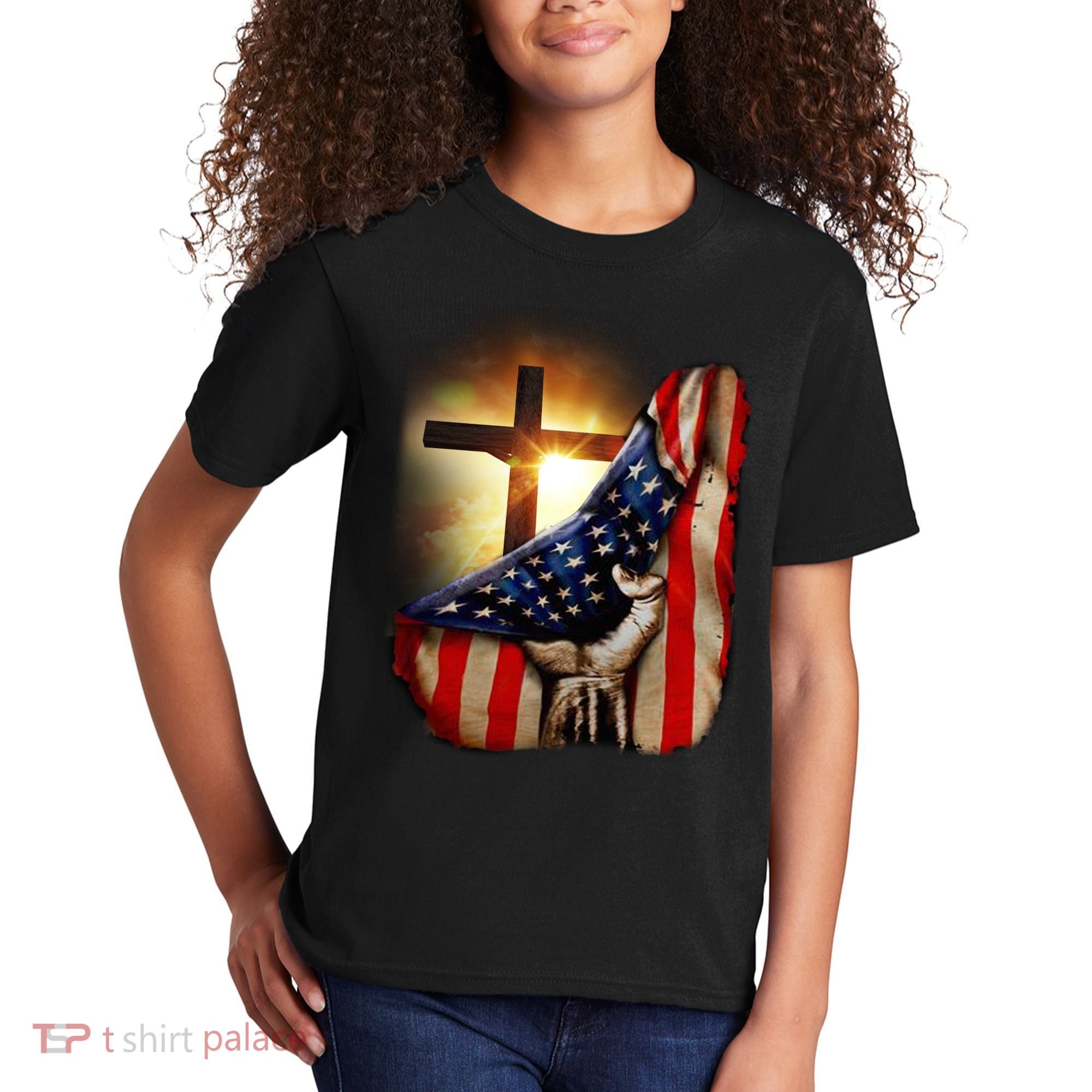 American Christian Cross Patriotic Flag Kids T-Shirt