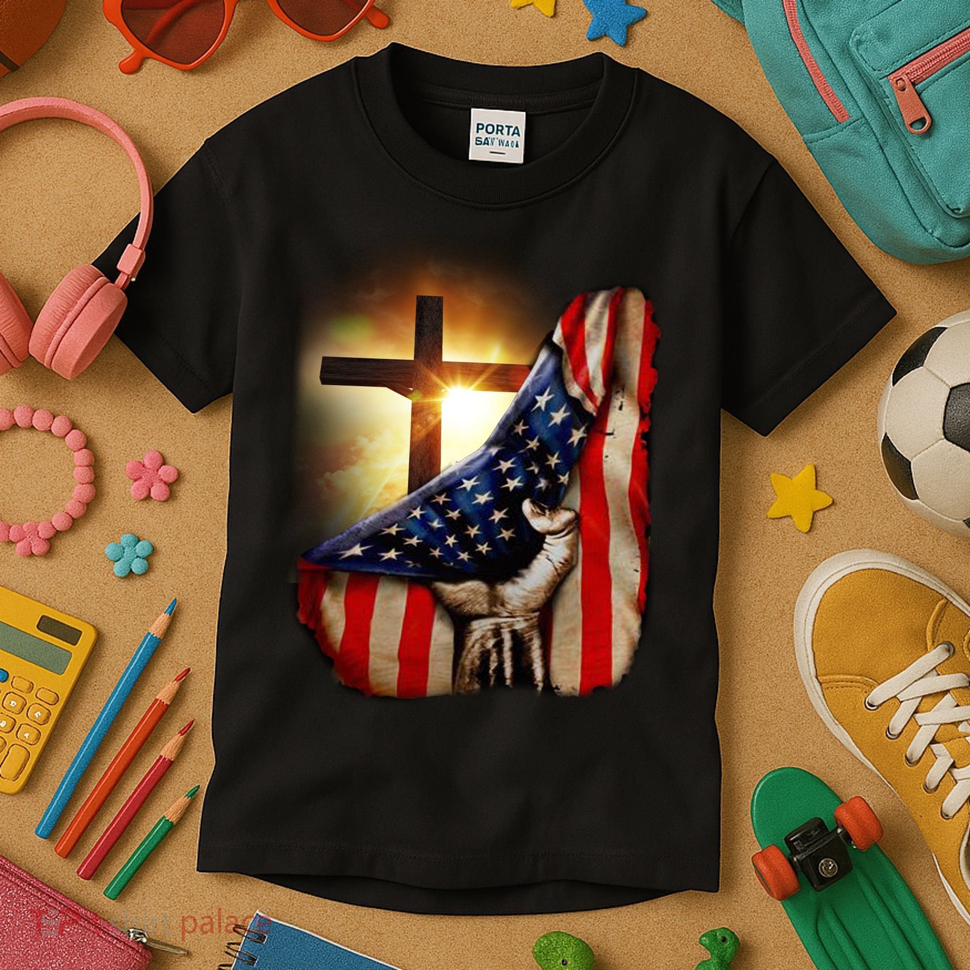 American Christian Cross Patriotic Flag Kids T-Shirt