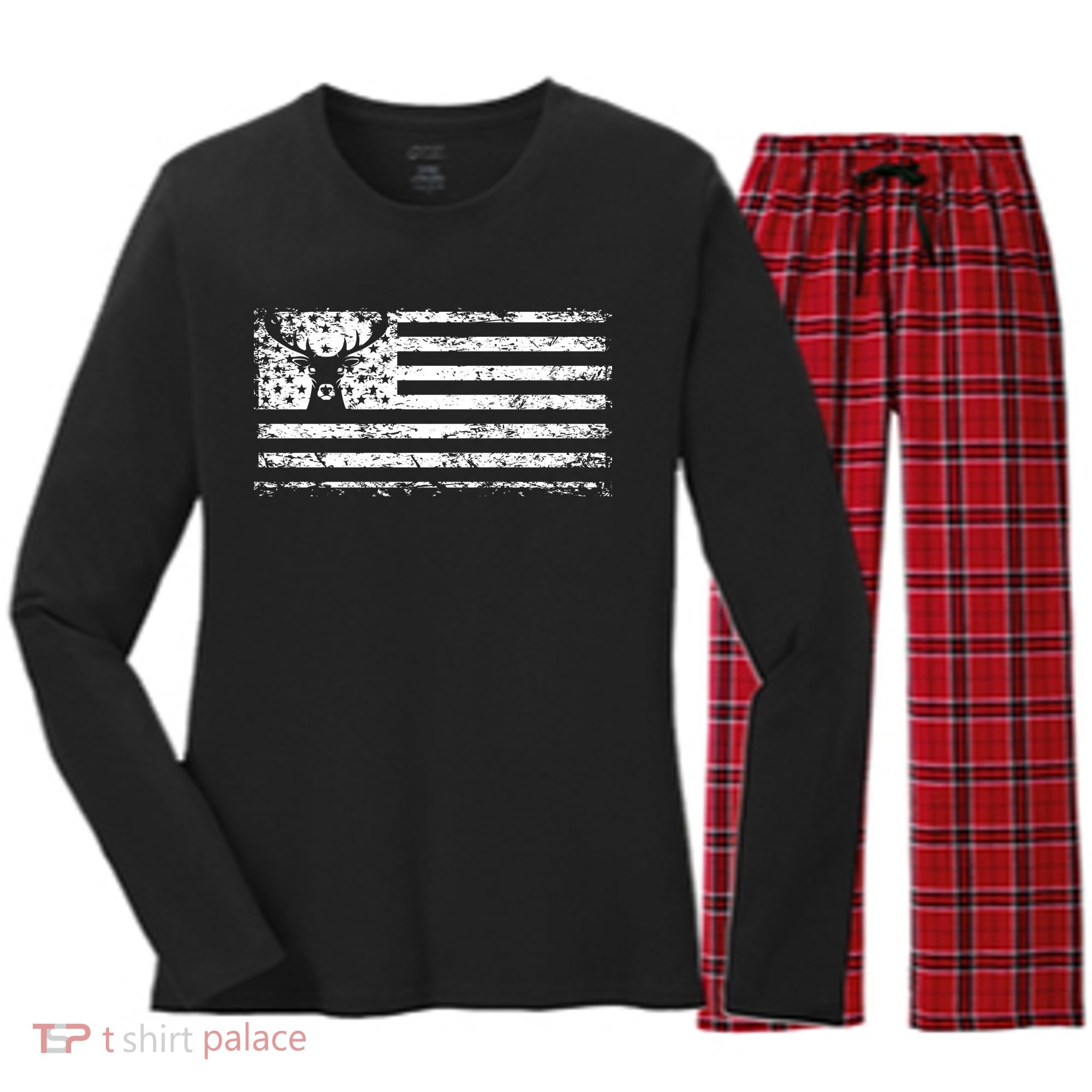 American Deer Hunting Flag Women's Long Sleeve Flannel Pajama Set 