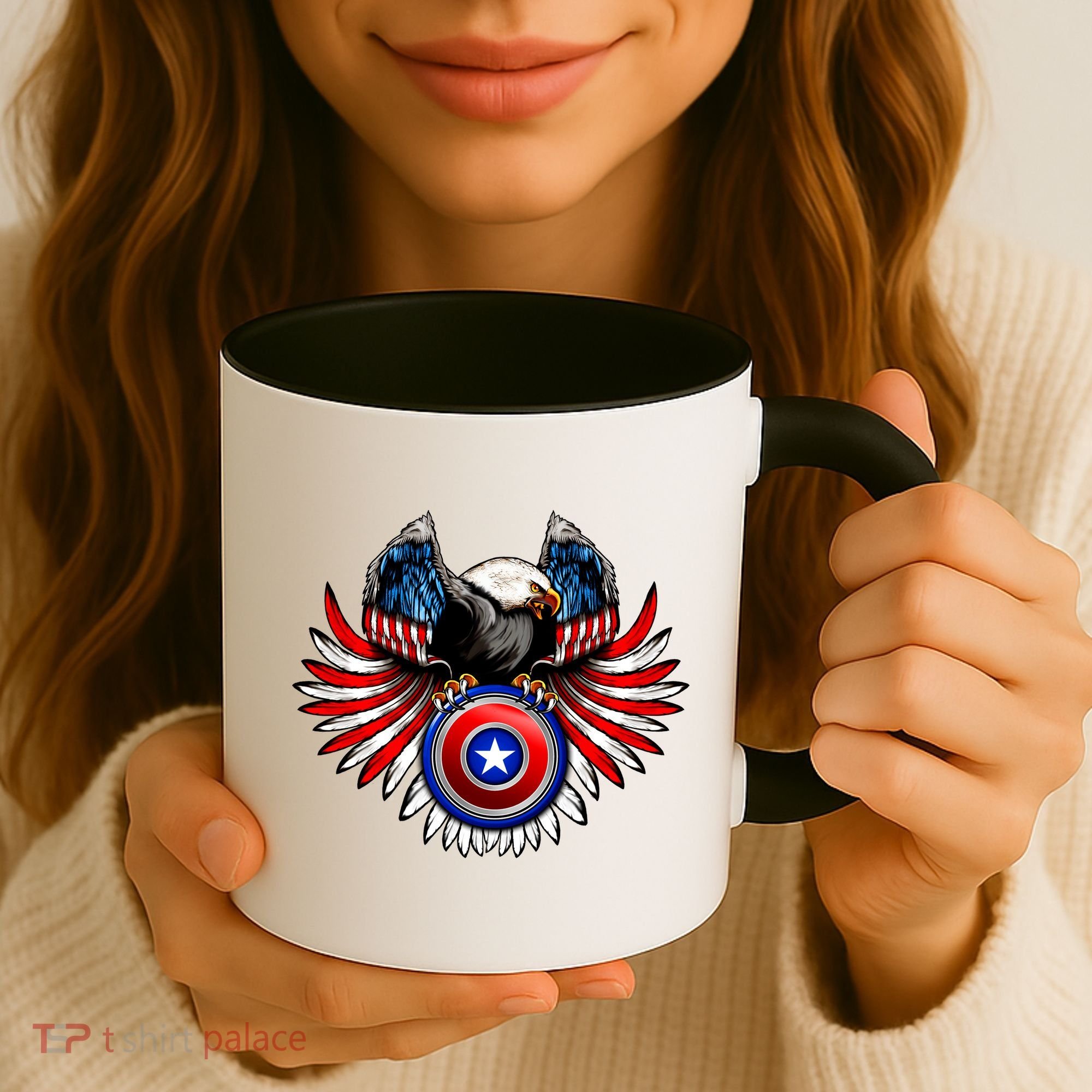American Eagle Super Hero Shield USA Flag Wings Coffee Mug