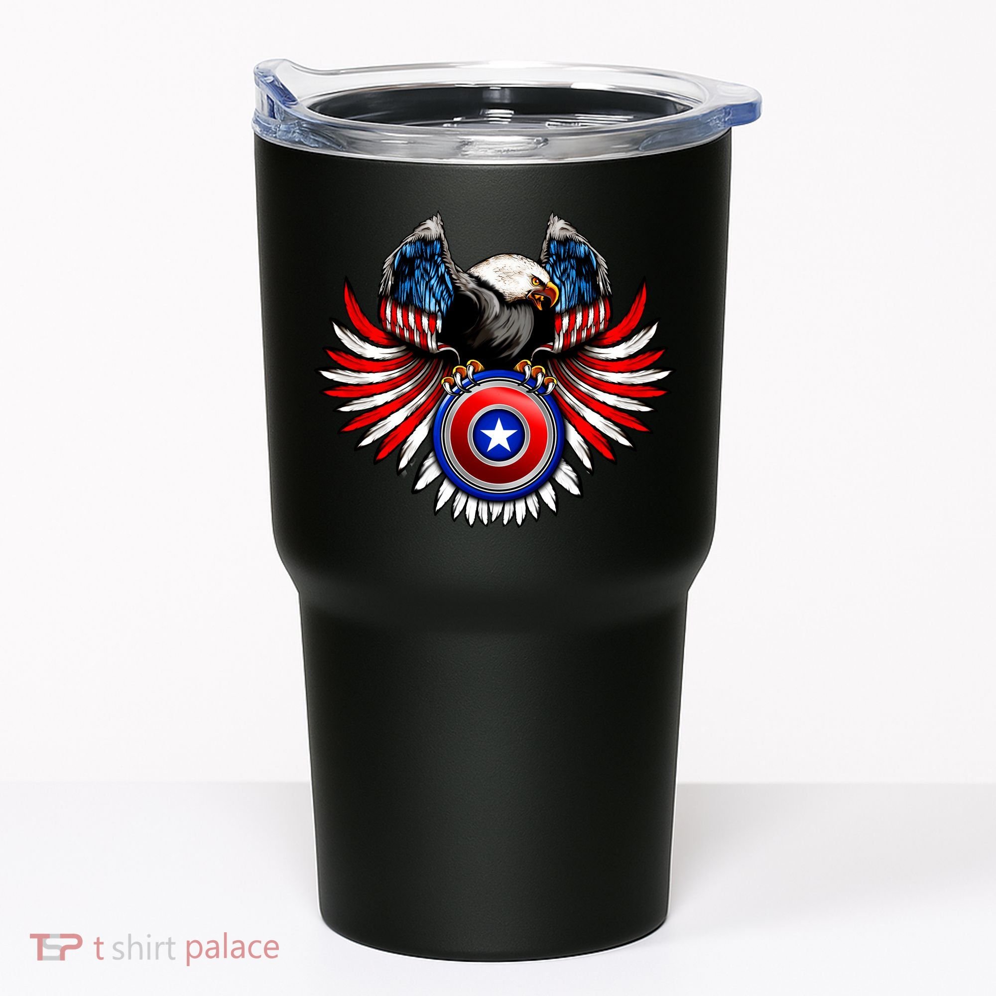 American Eagle Super Hero Shield USA Flag Wings Tumbler