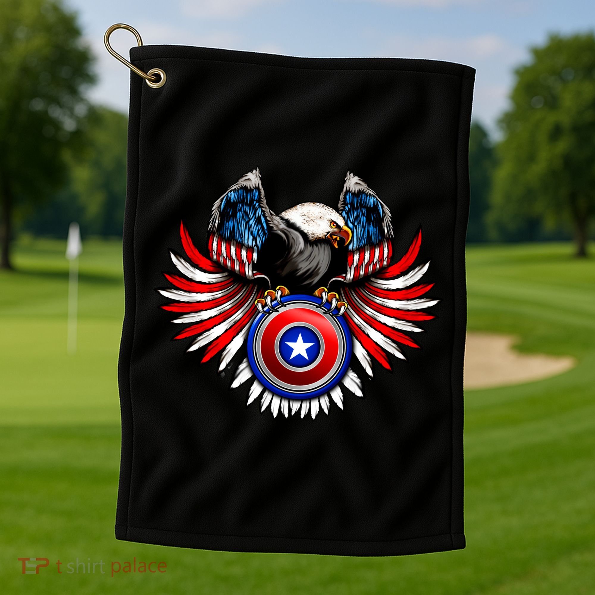 American Eagle Super Hero Shield USA Flag Wings Golf Towel