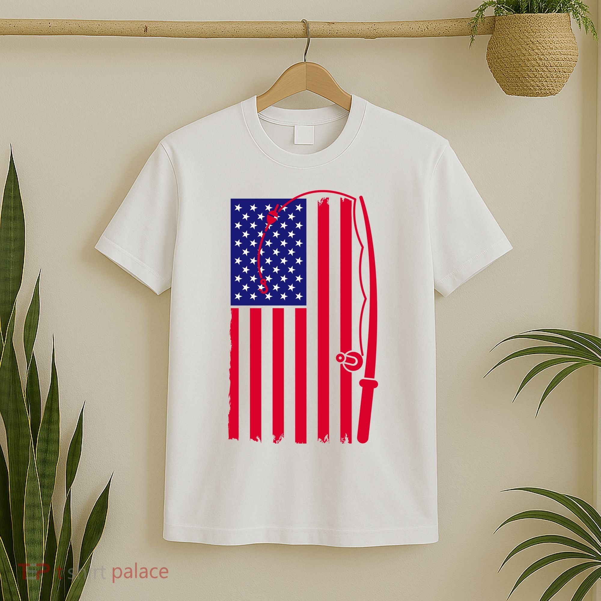 American Fishing Rod & Hook Flag T-Shirt