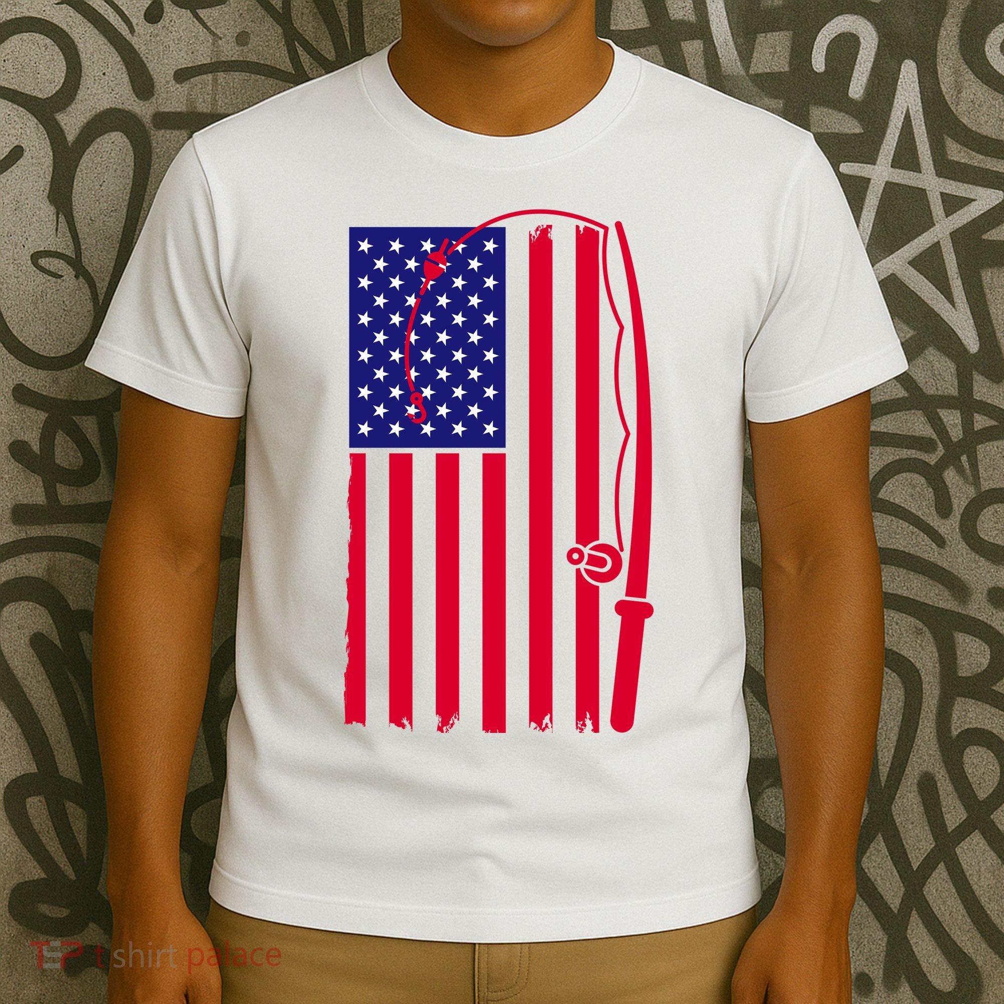 American Fishing Rod & Hook Flag T-Shirt