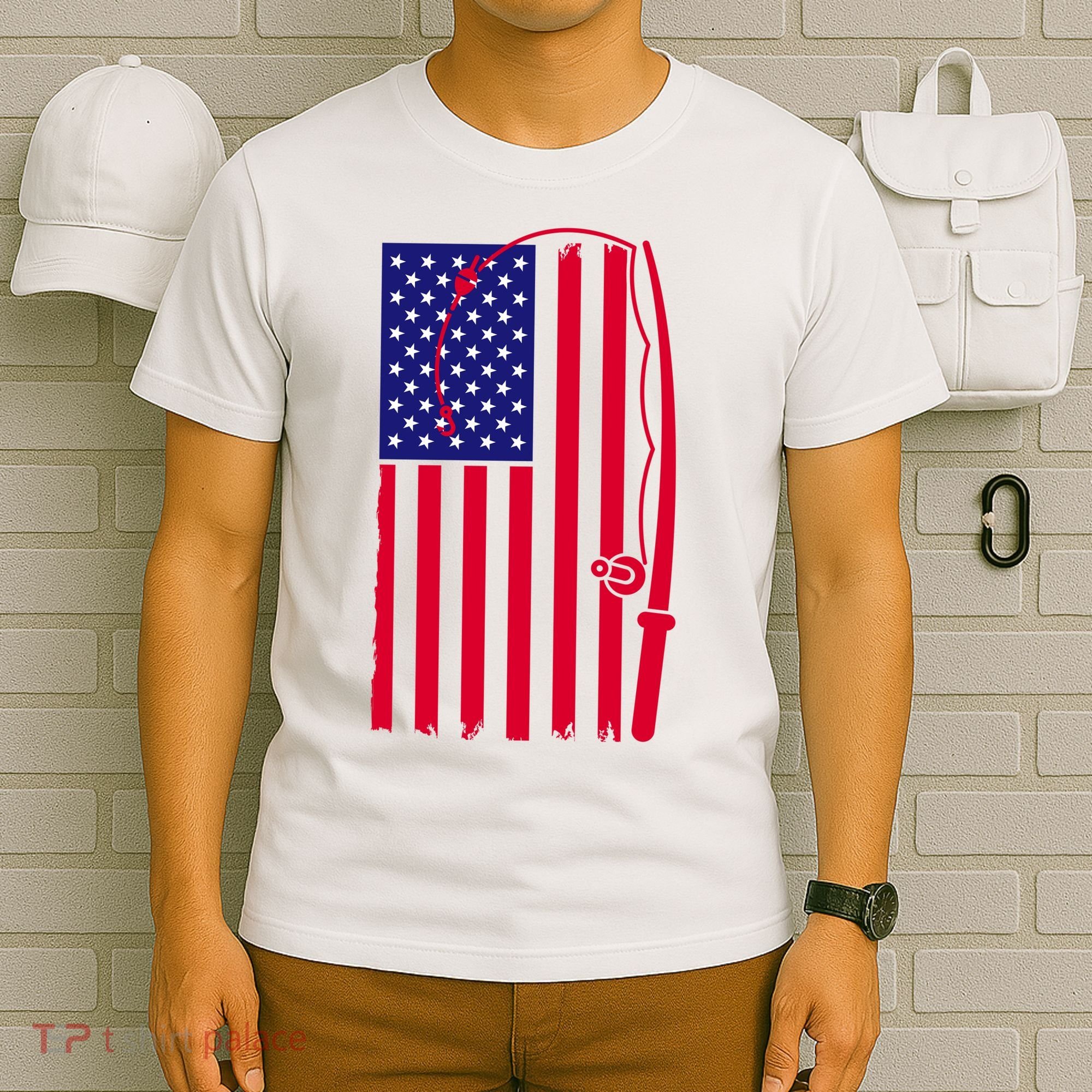 American Fishing Rod & Hook Flag T-Shirt