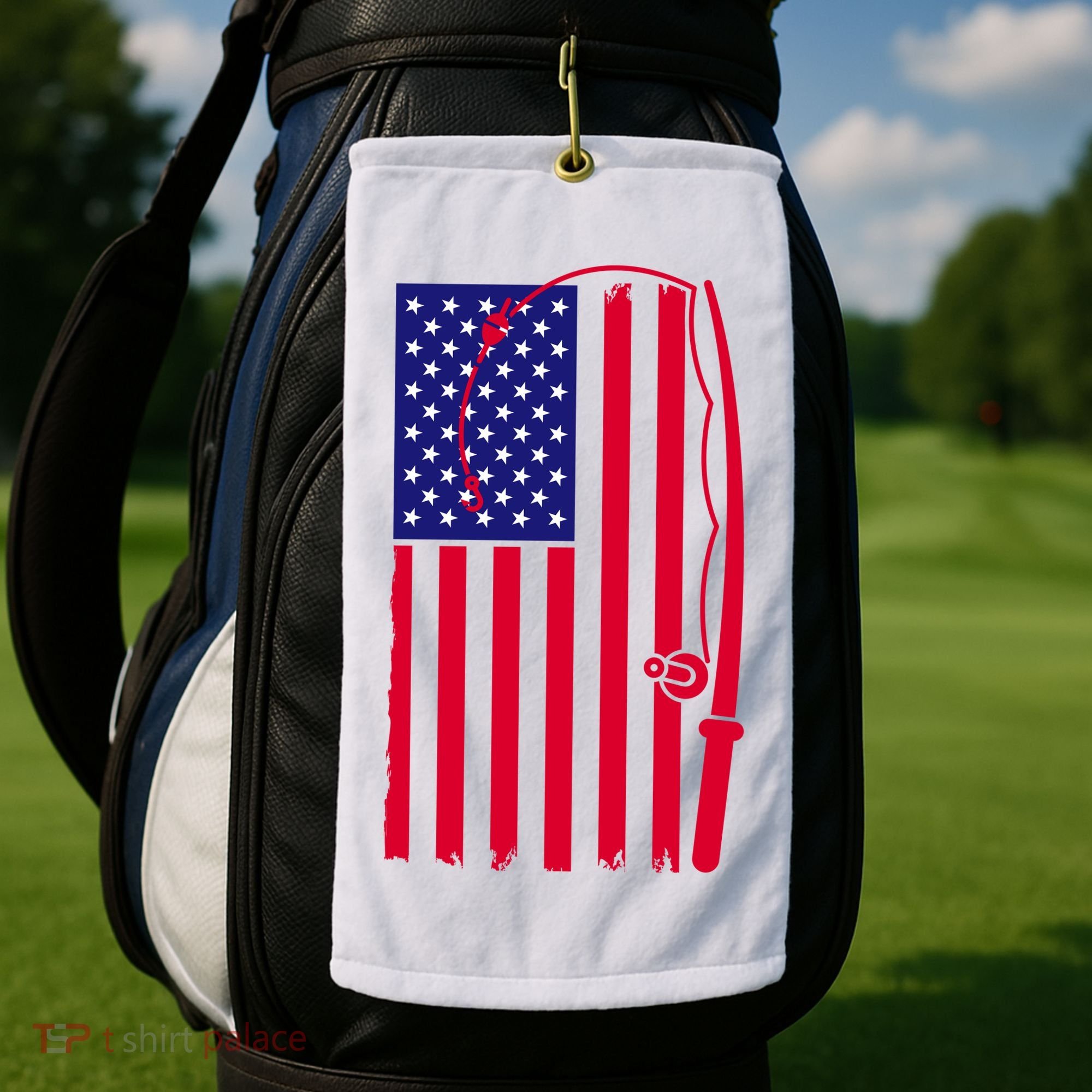 American Fishing Rod & Hook Flag Golf Towel