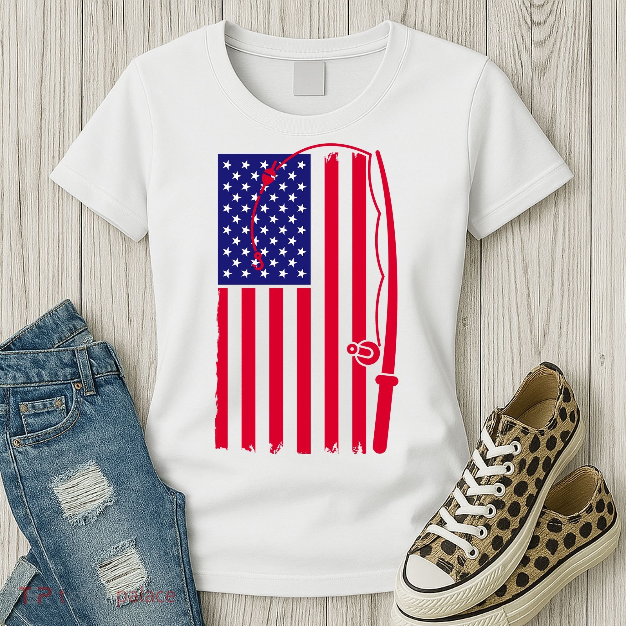 American Fishing Rod & Hook Flag Women's T-Shirt